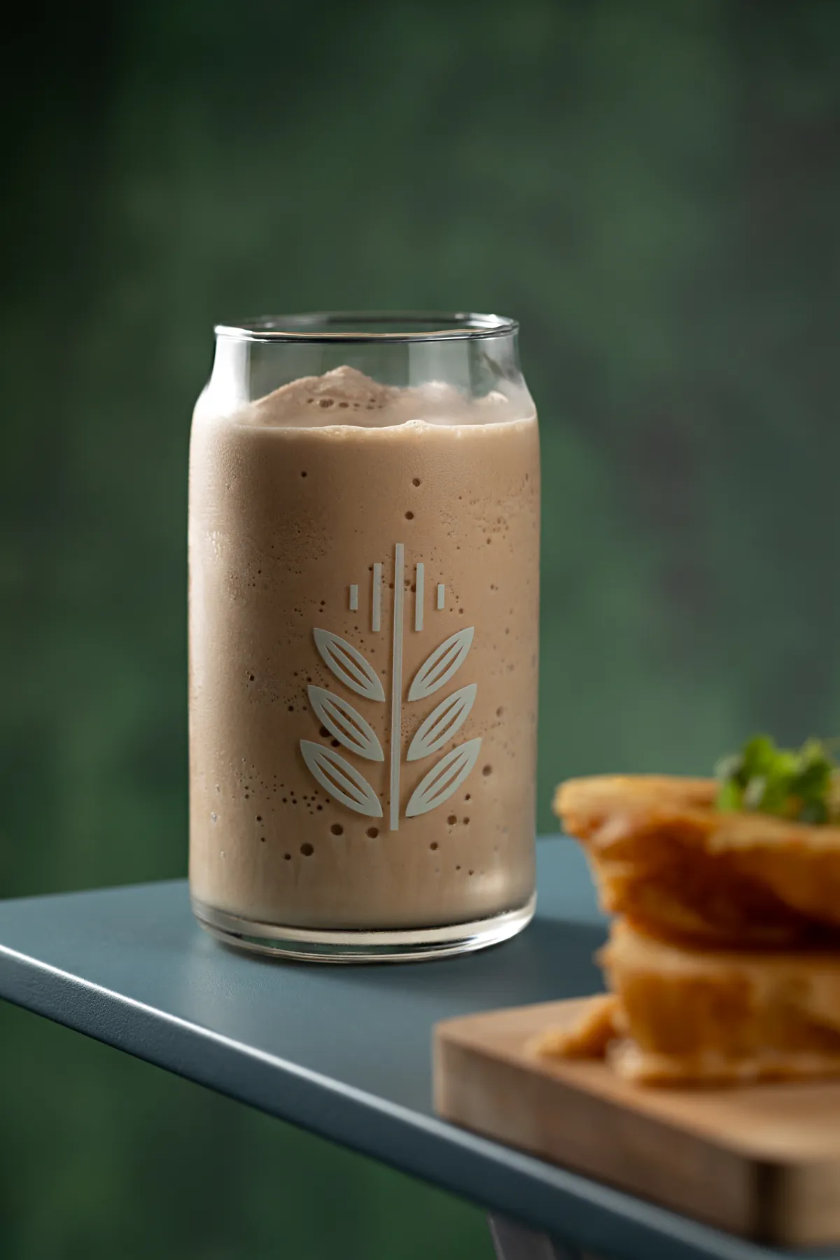 Copo de vidro com o símbolo da espiga, cheio de café gelado e cremoso, sobre mesa azul, com um pedaço de focaccia tostada ao lado