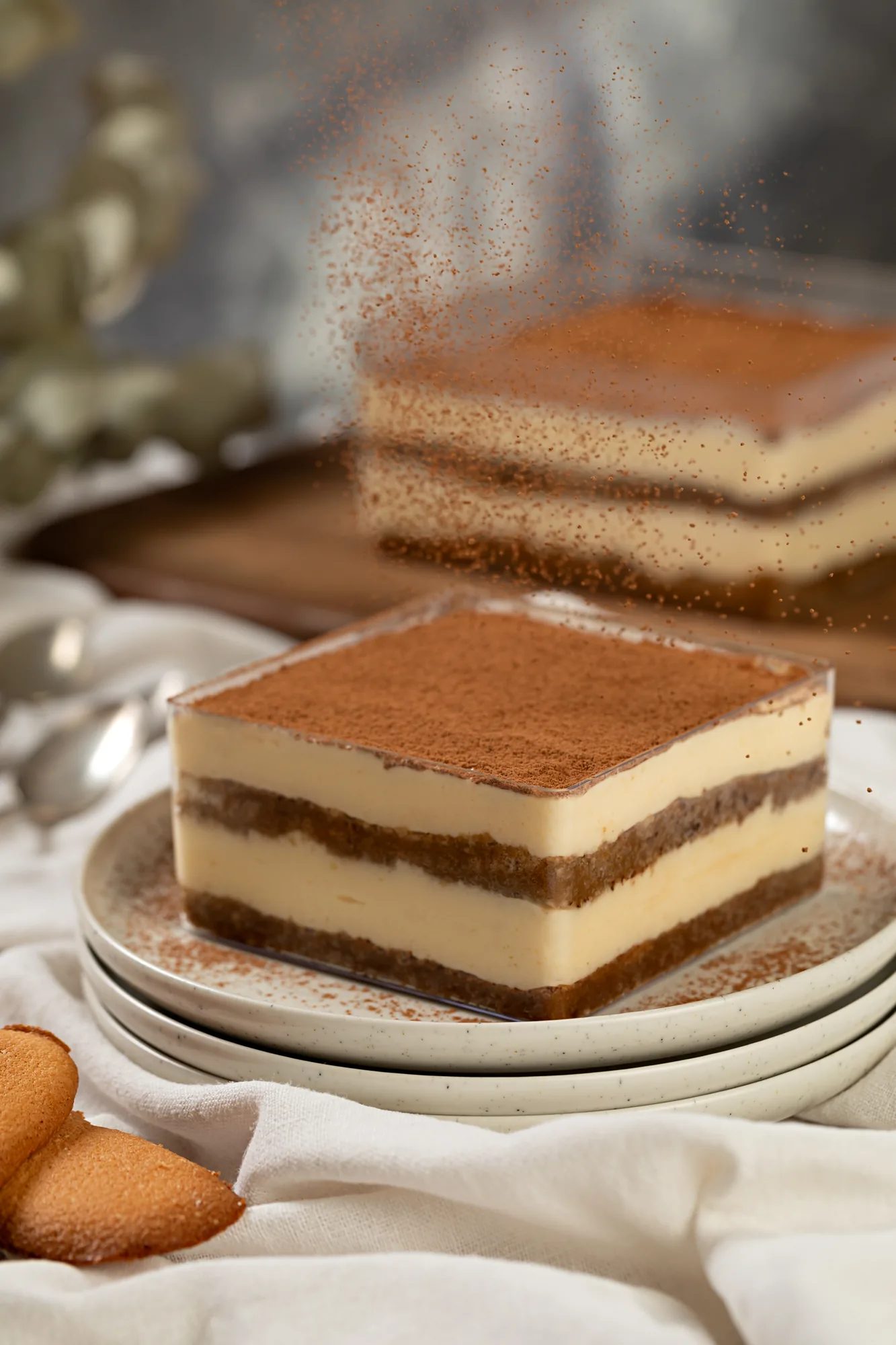 Fatia de tiramisù com camadas definidas e cacau em pó por cima